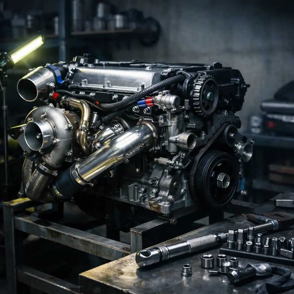 Teljesítményorientált motor acél állványon, rendezett földalatti műhelyben