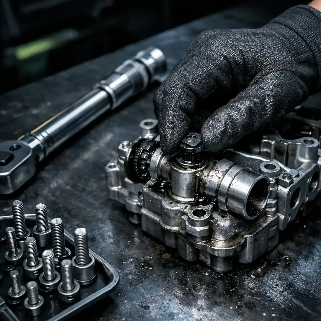 Motoralkatrész és nyomatékkulcs egy sötét műhely munkapadján, ellenőrzés közben