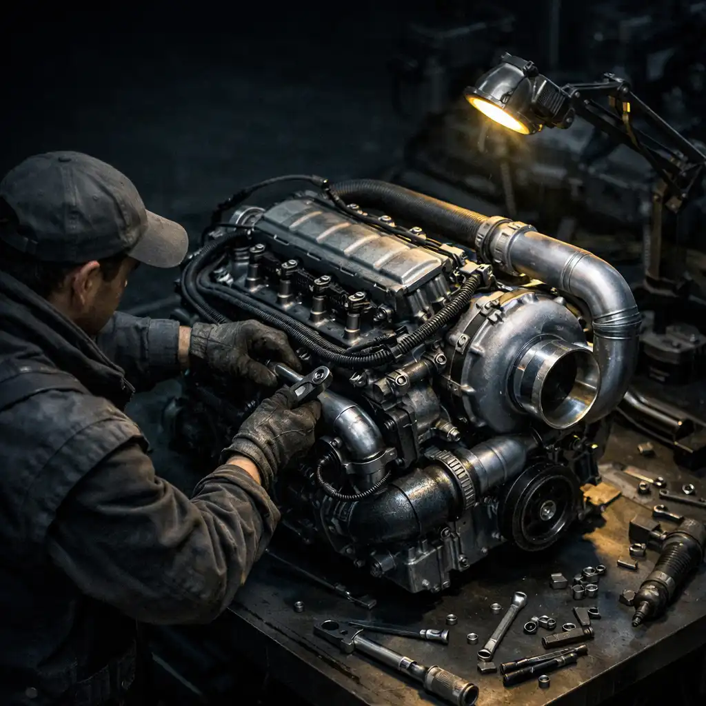 Motor építése egy sötét acél munkapadon, turbócsövekkel és szerszámokkal