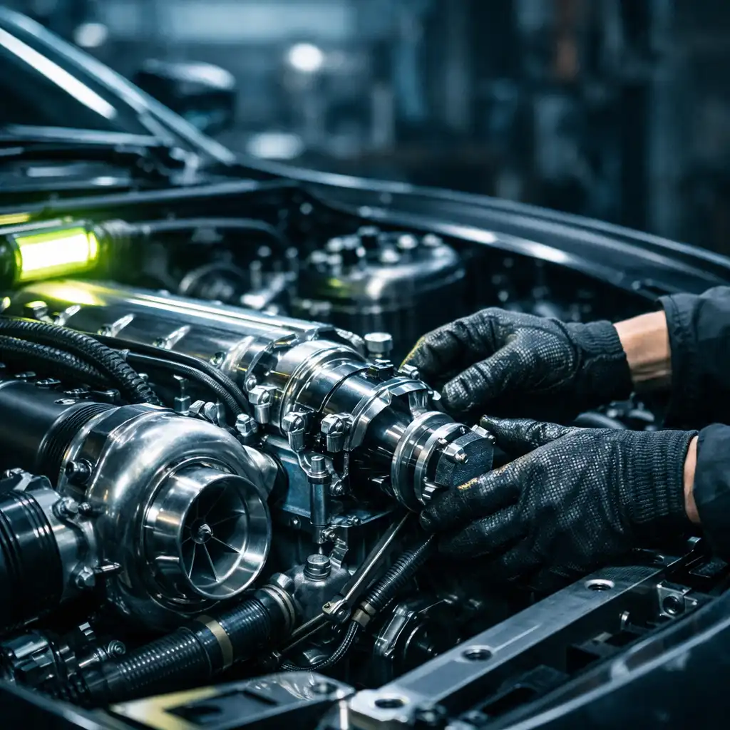 Kesztyűs kéz teljesítménymotort állít be egy futurisztikus garázsban