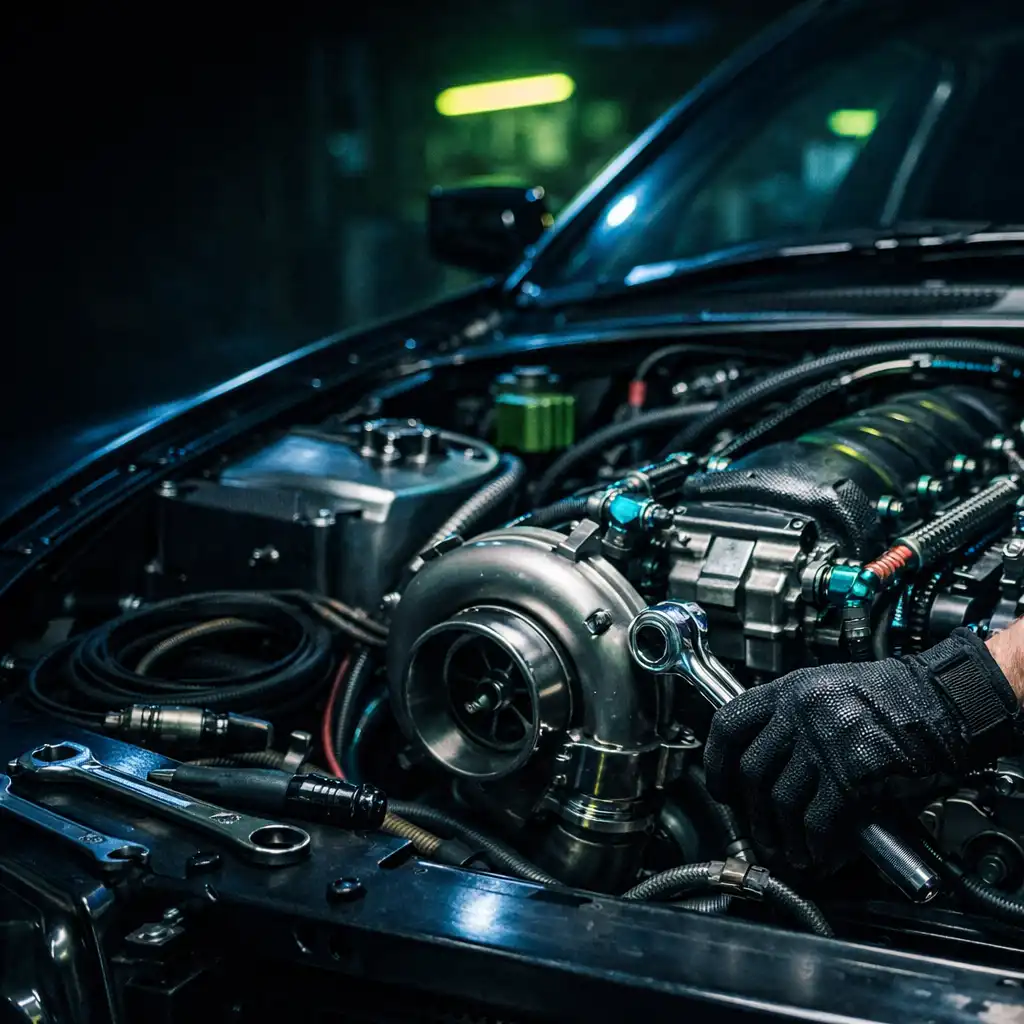 Nyitott motorterű utcai versenyautó motorblokkja egy sötét, futurisztikus tuningműhelyben