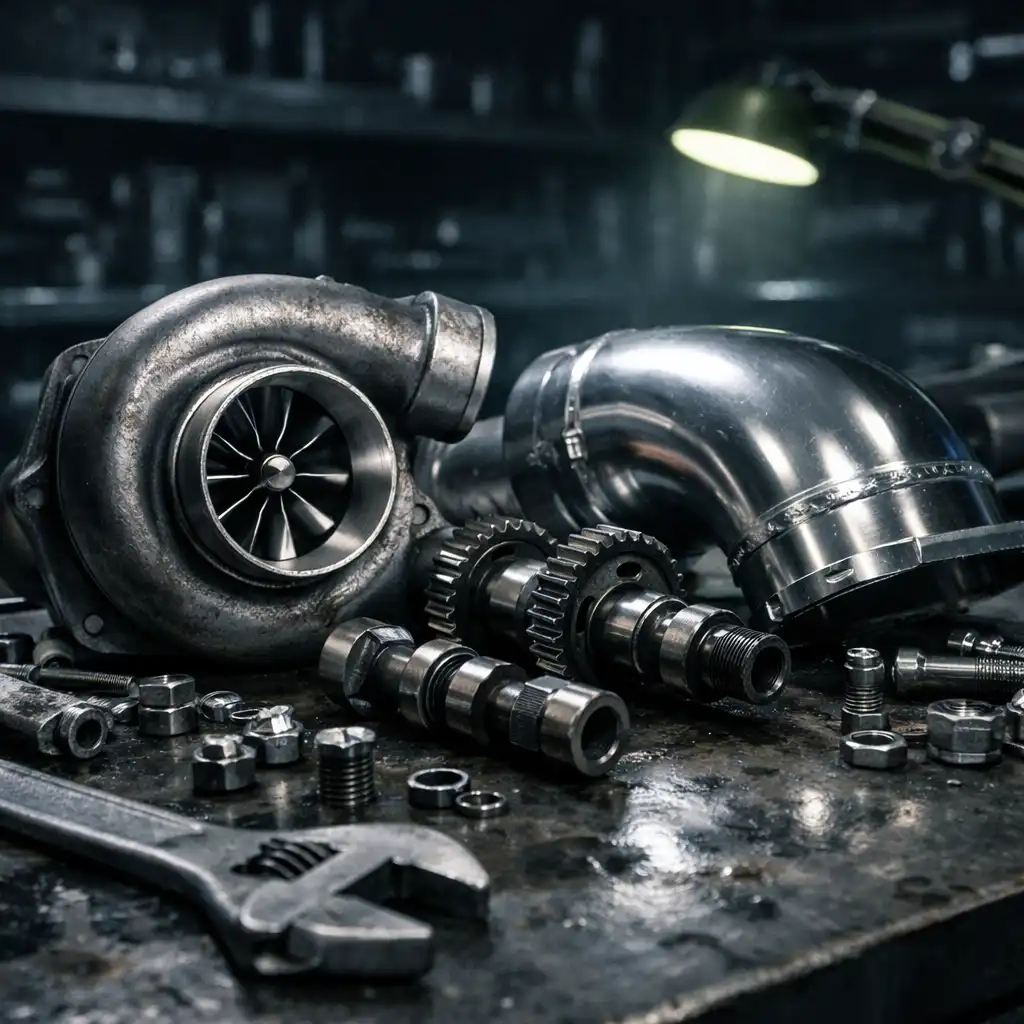 Turbóház, fém szívócső és műhelyasztalra rendezett motorépítő alkatrészek közelről