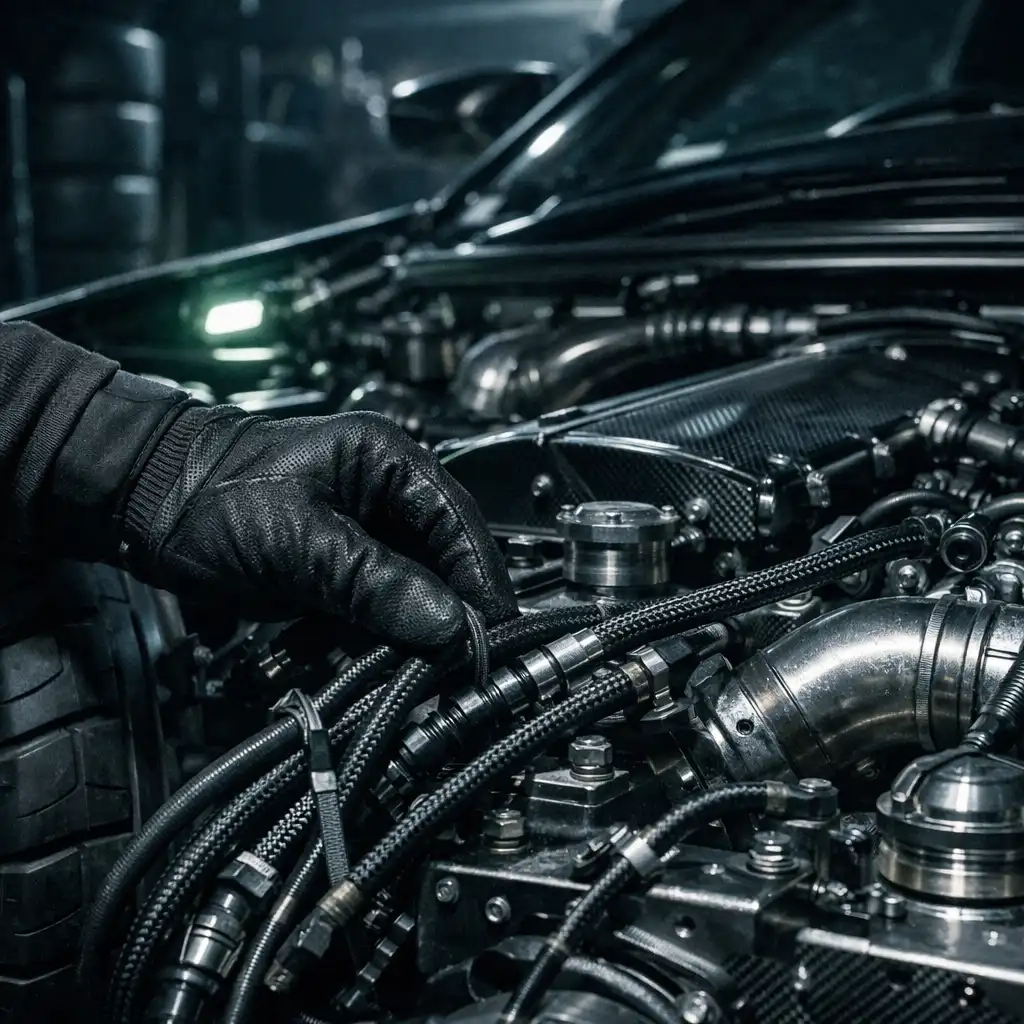 Szerelőkesztyűs kéz ellenőrzi egy módosított utcai versenyautó nyitott motorterének alkatrészeit